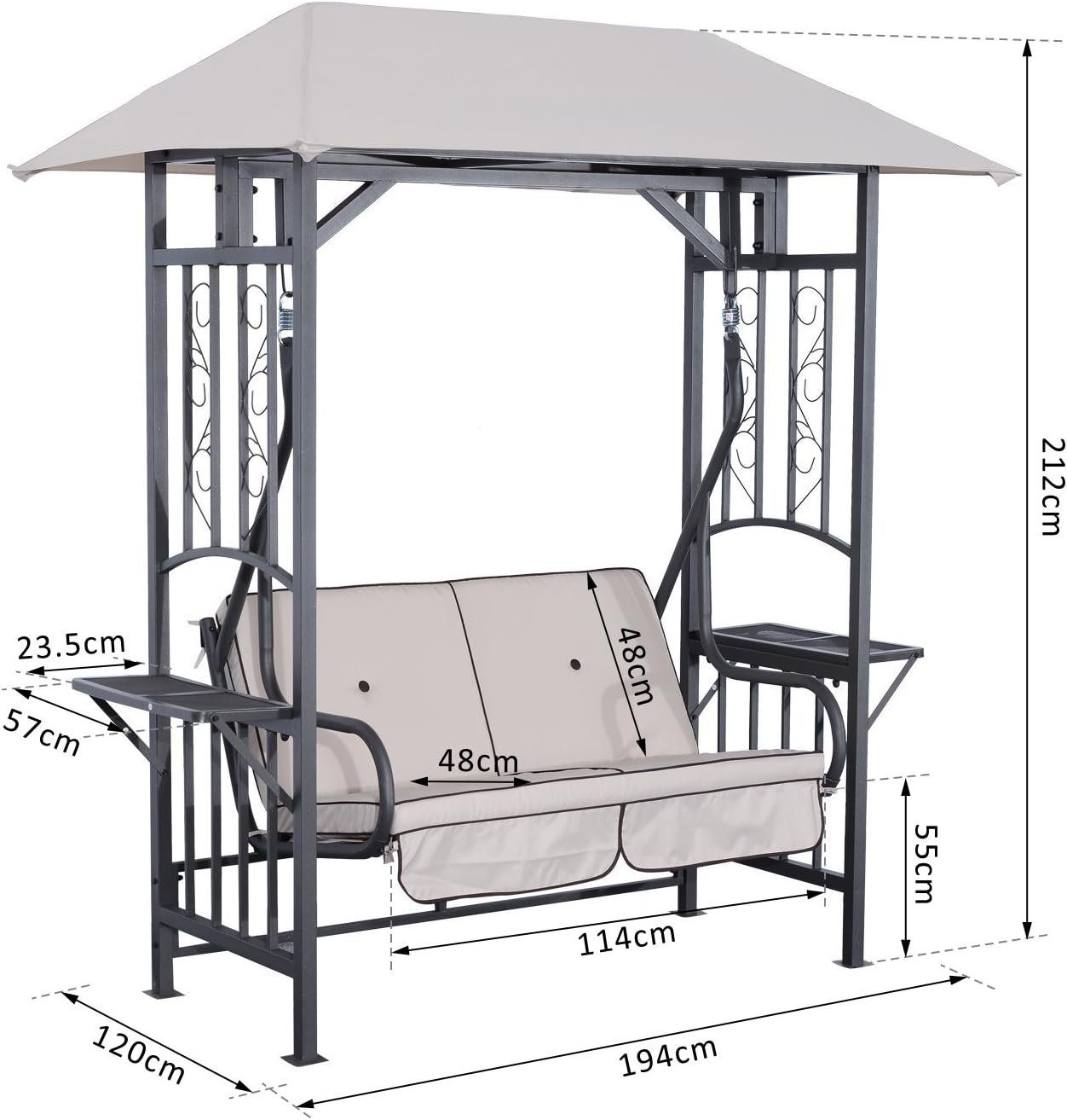 2 Seater Garden Swing Chair with Canopy Side Tables Beige