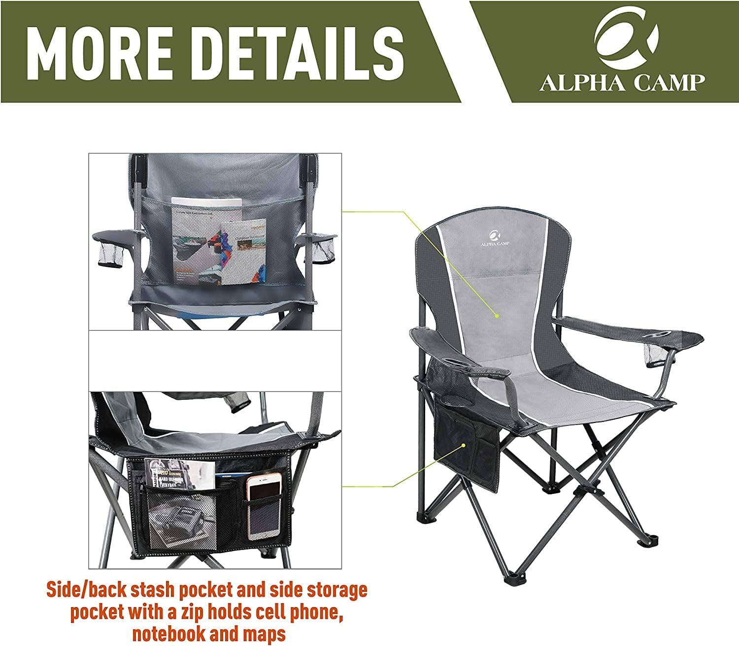 Oversized Camping Chair 160kg Heavy Duty Black Grey