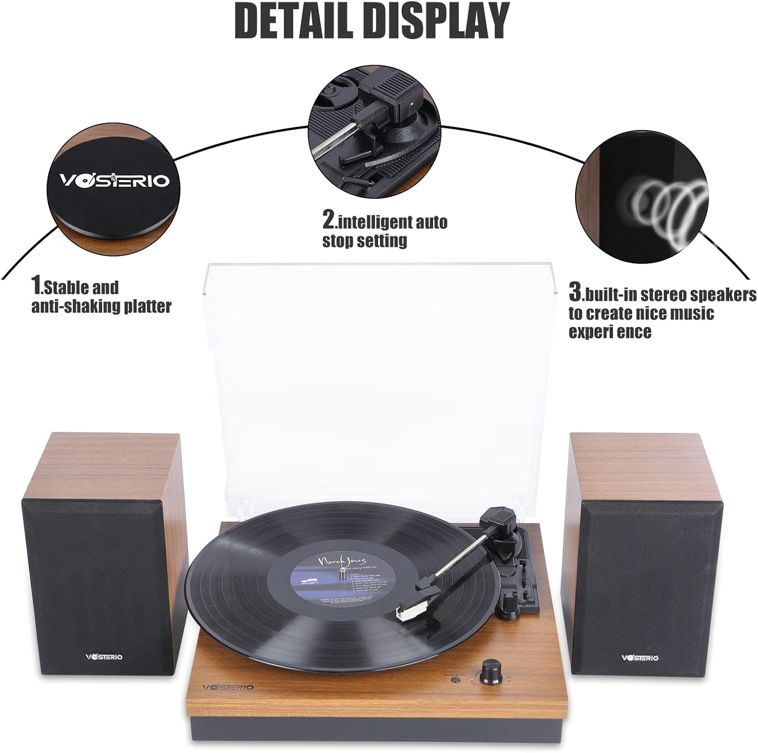 Bluetooth Record Player 3 Speed Turntable 30W Speakers Walnut
