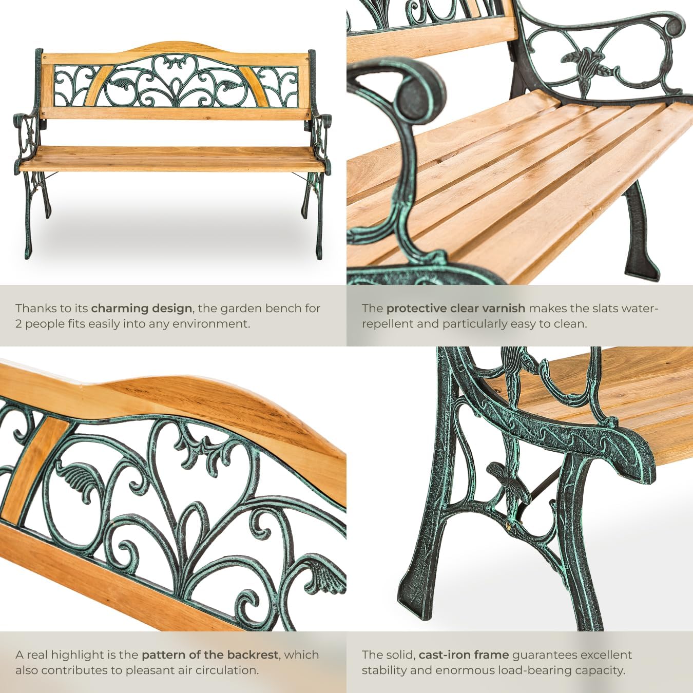 2 Seater Wooden Garden Bench Cast Iron Frame Outdoor Patio Seat
