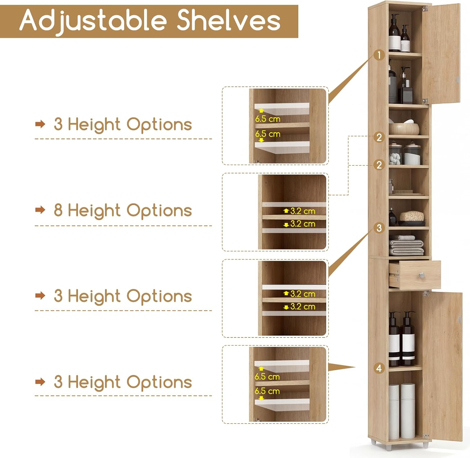 Tall Slim Bathroom Storage Cabinet Drawer Shelves Natural Wood