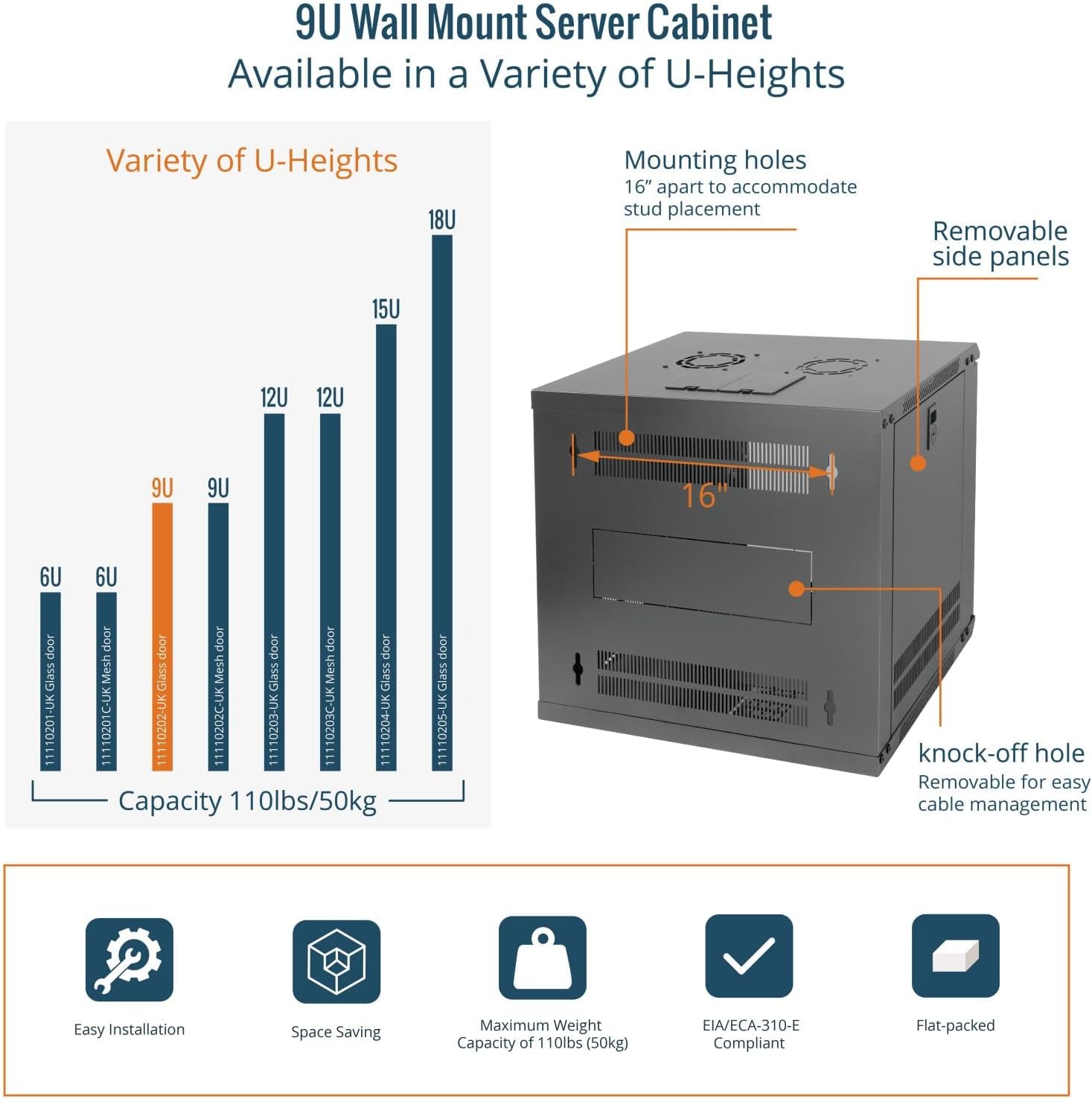 9U Wall Mount Server Cabinet 450mm Glass Door Black