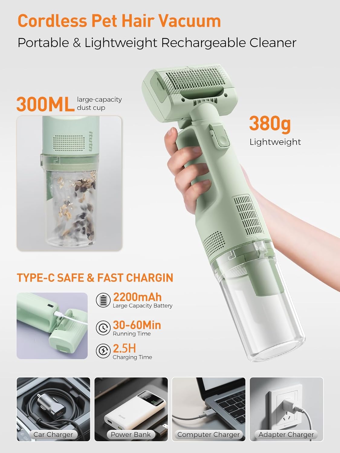 Cordless Pet Grooming Vacuum 10KPa Deshedding Brush Kit Green