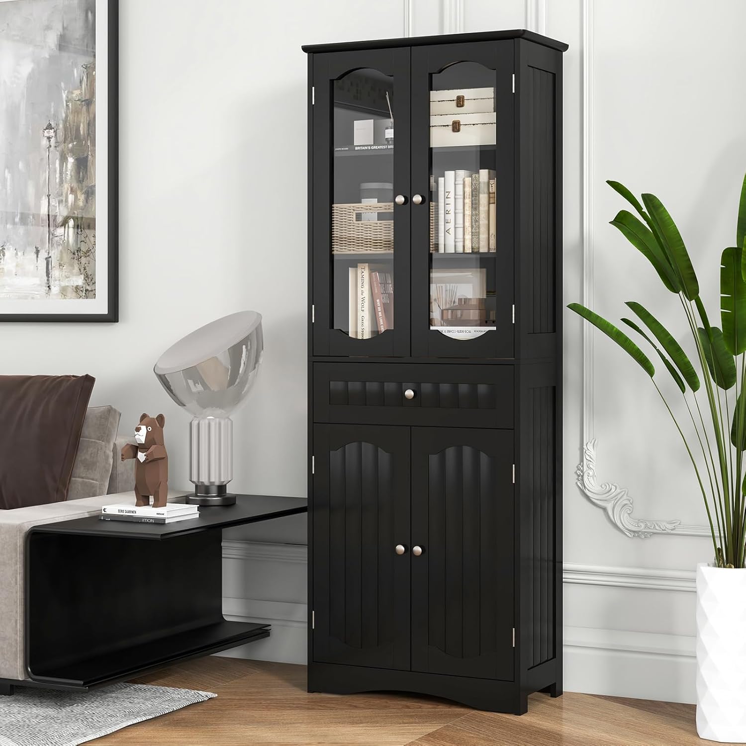Tall Bathroom Cabinet Glass Door Drawer Shelf Unit Black
