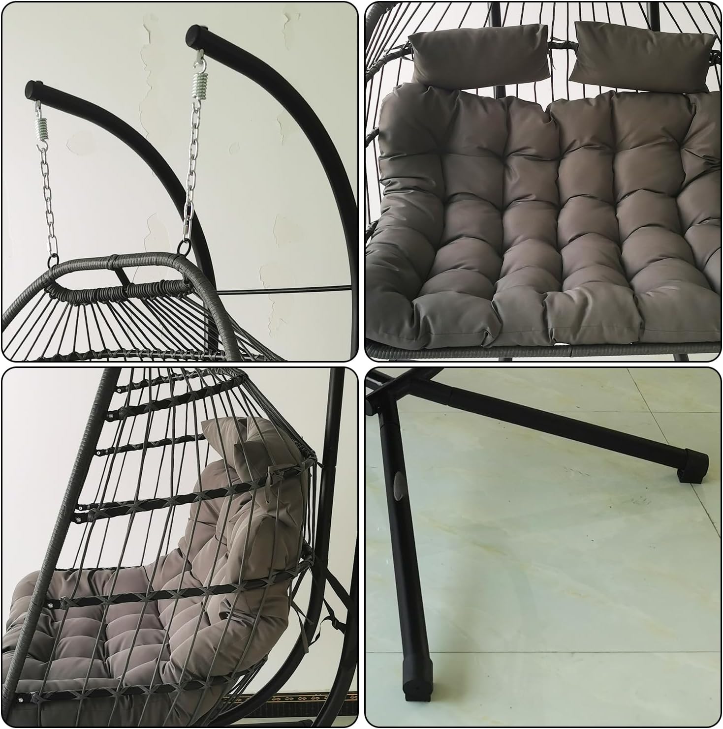 Double Egg Chair Swing Rattan Hanging Seat Stand Cushions Grey