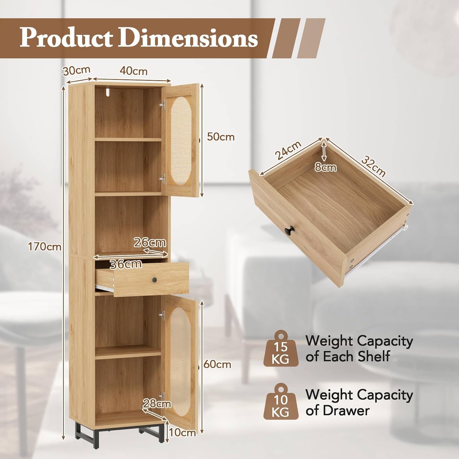 Tall Slim Storage Cabinet Natural Rattan Door Drawer Unit