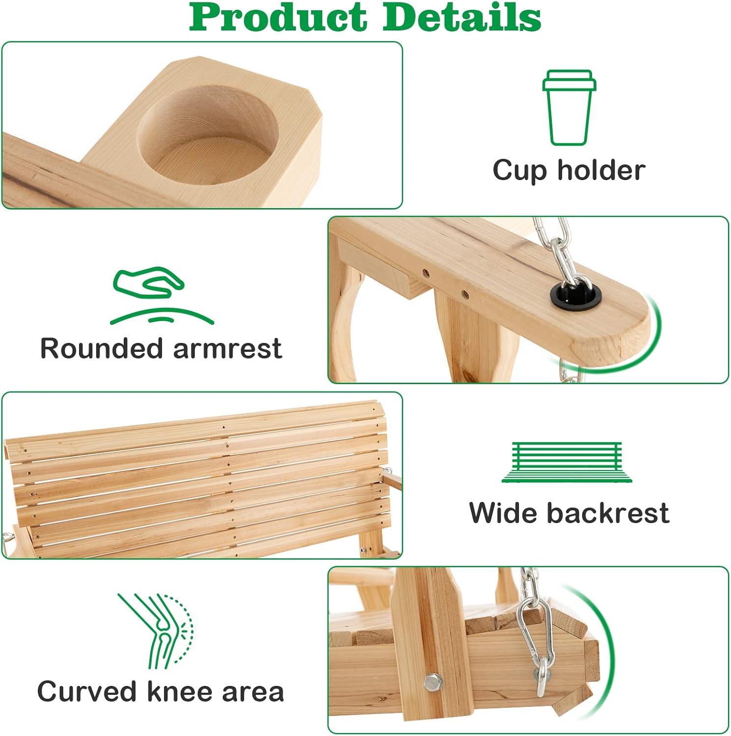 2 Seater Wooden Porch Swing Chair Fir Bench Cup Holders 240kg