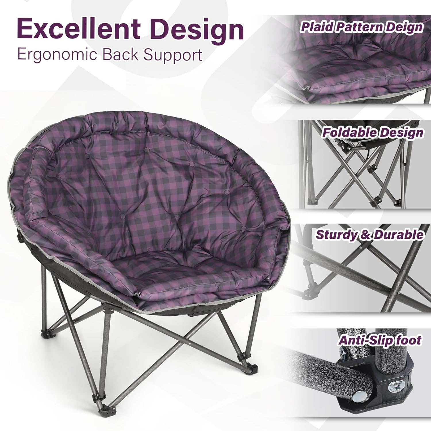 XXL Folding Moon Chair Padded Round Seat Purple