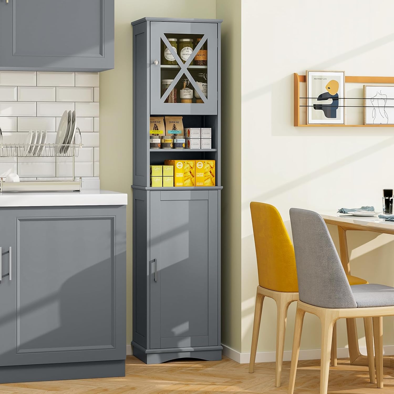 Grey Tallboy Bathroom Cabinet 2 Door Shelf Storage Unit