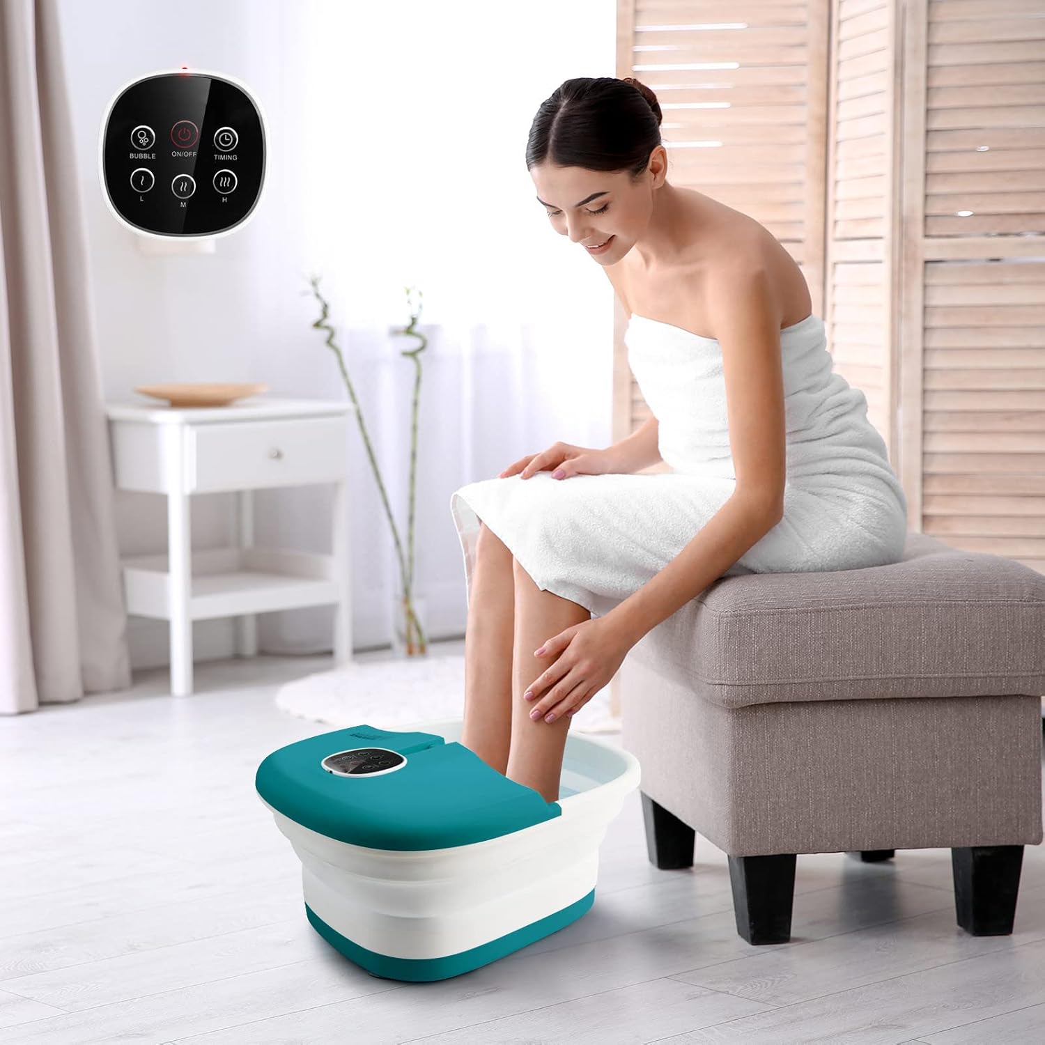Foot Spa Massager Heat Bubble Folding Foot Bath Temp Control Timer