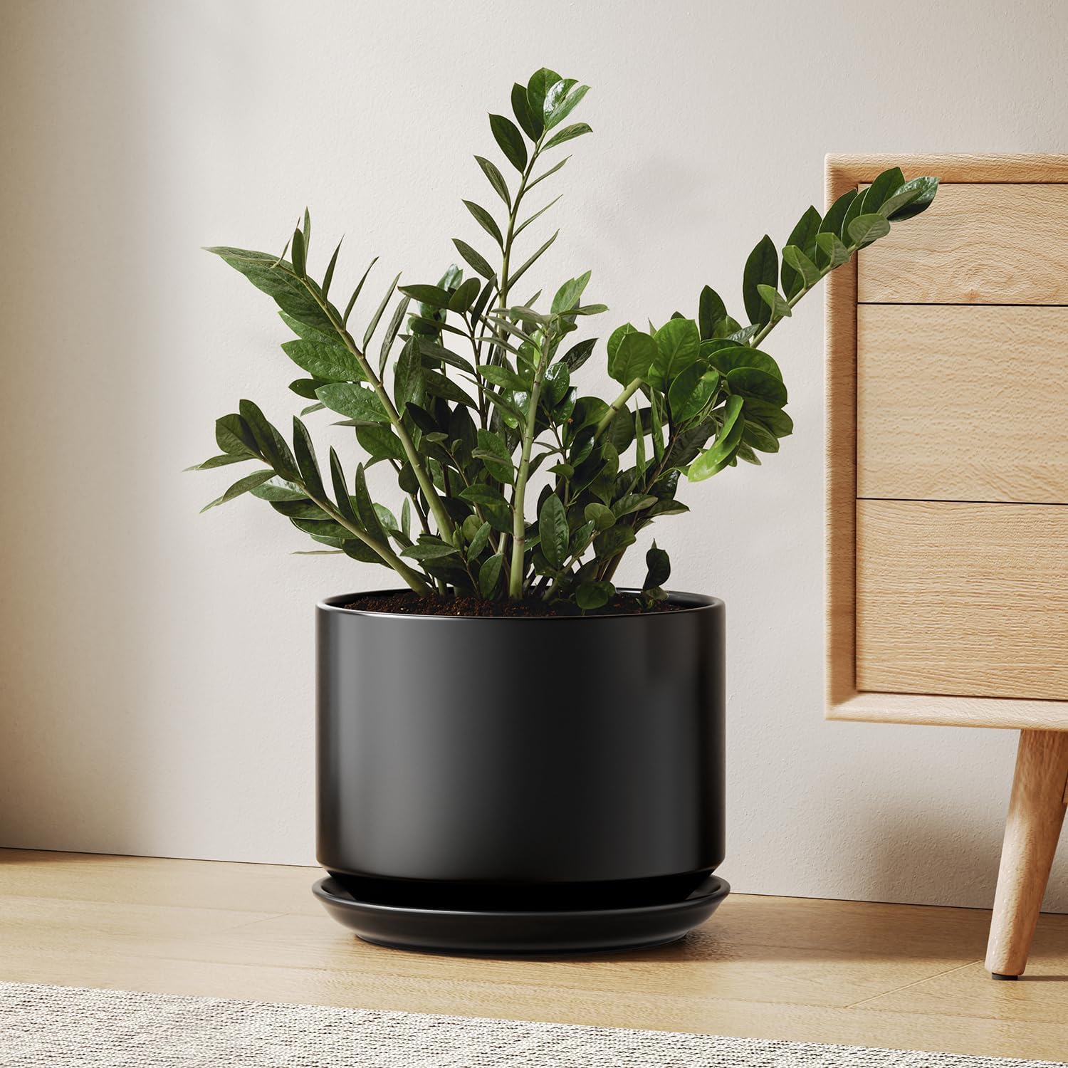 25cm Large Black Ceramic Plant Pot with Saucer Modern