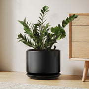 25cm Large Black Ceramic Plant Pot with Saucer Modern