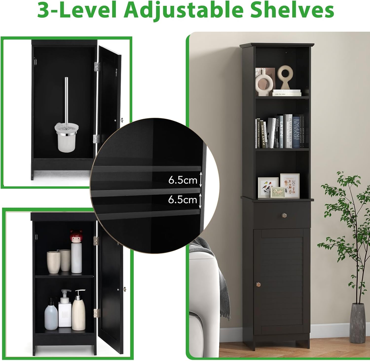 Slim Bathroom Tall Cabinet Drawer Shelf Cupboard Black
