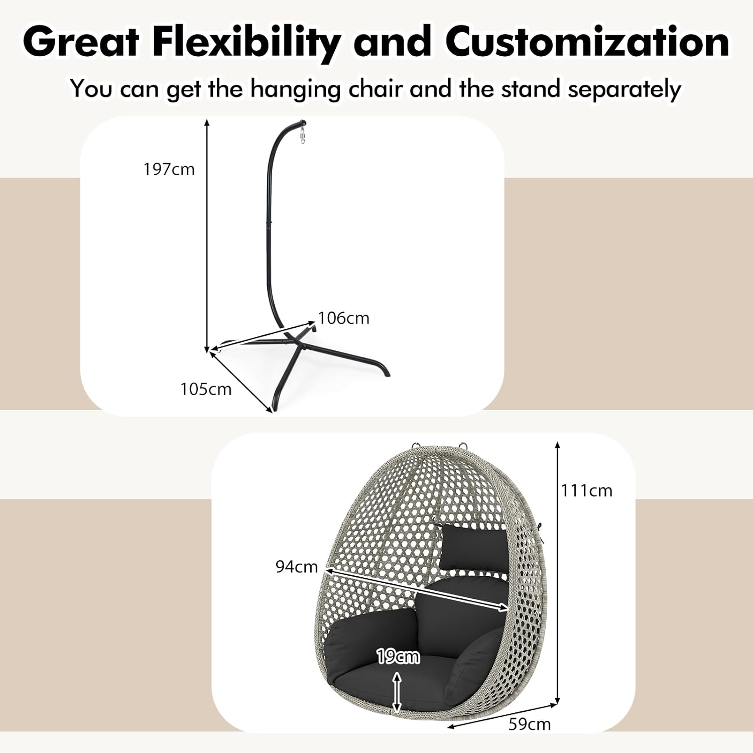 Rattan Swing Egg Chair with Stand Swivel Cushion