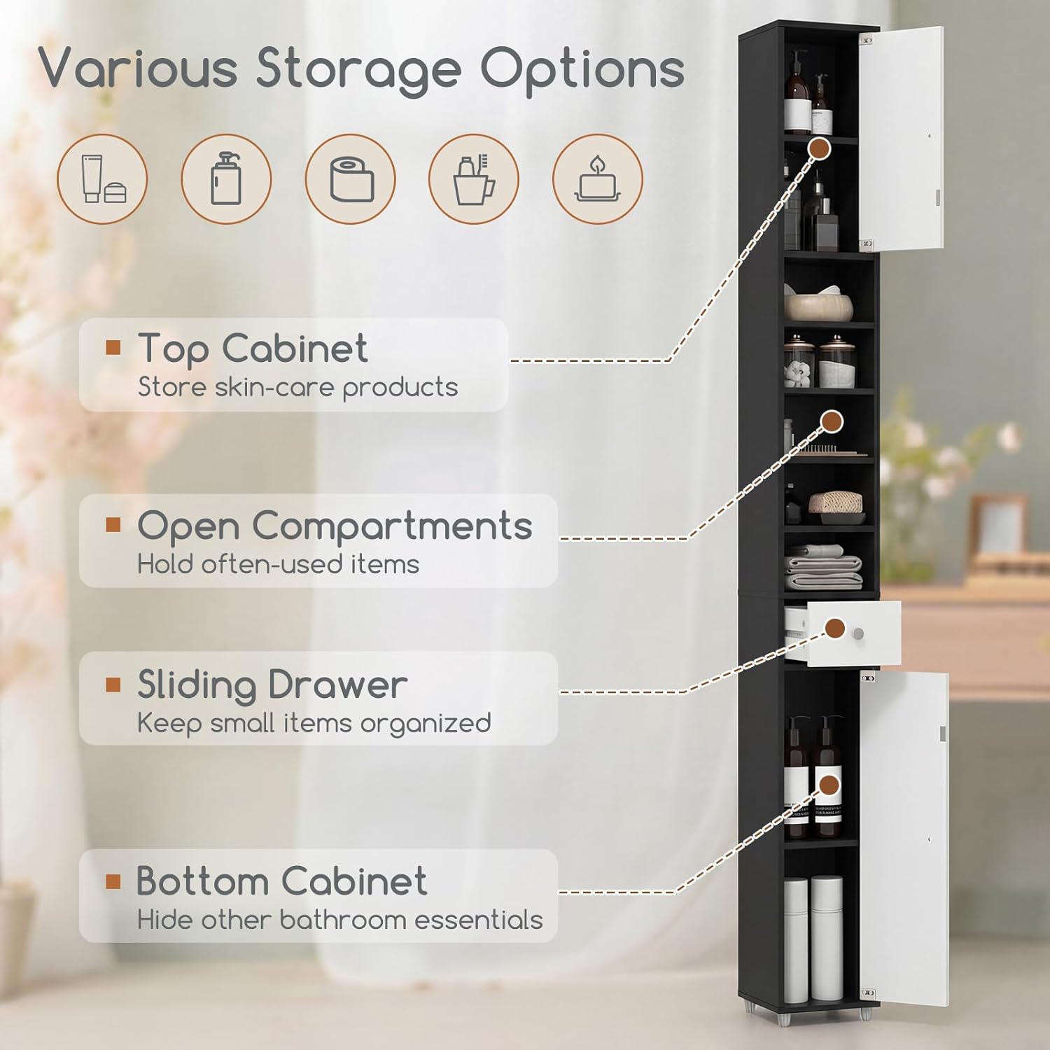 Slim Bathroom Tall Storage Cabinet Drawer Shelf White Black