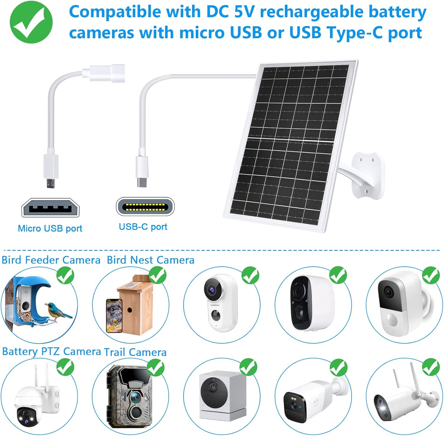 13W Solar Panel Camera Charger USB C IP65 10FT Cable