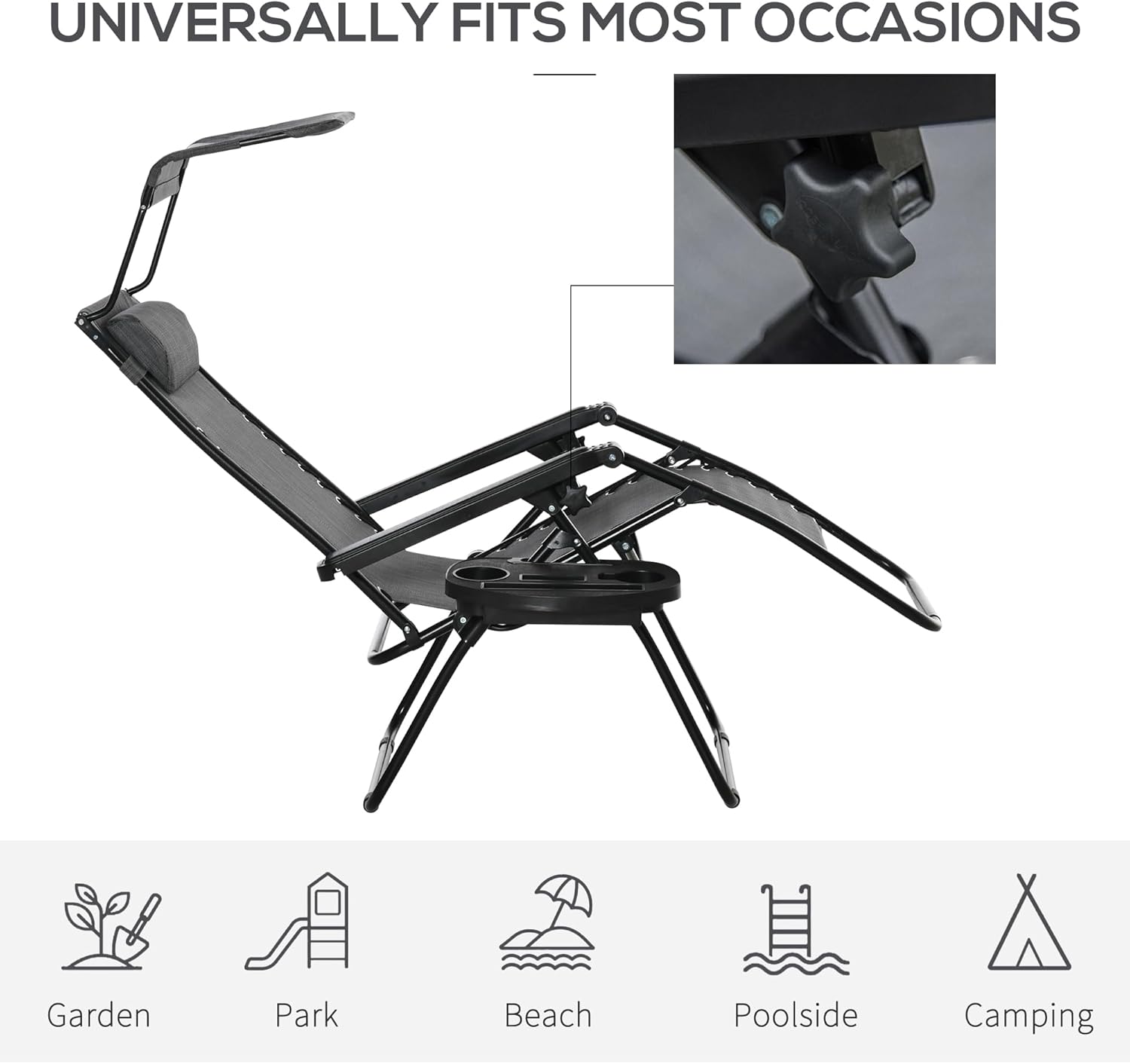 Zero Gravity Reclining Garden Chair with Canopy Cup Holder Grey