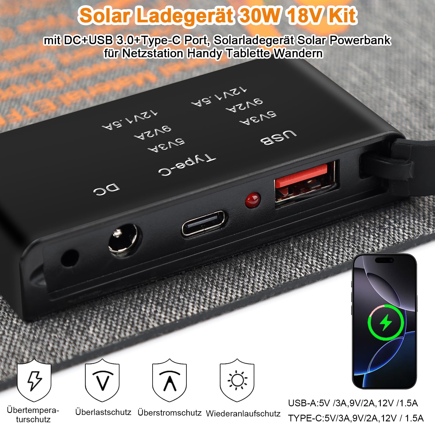 30W Portable Solar Panel Foldable USB C DC Charger Camping