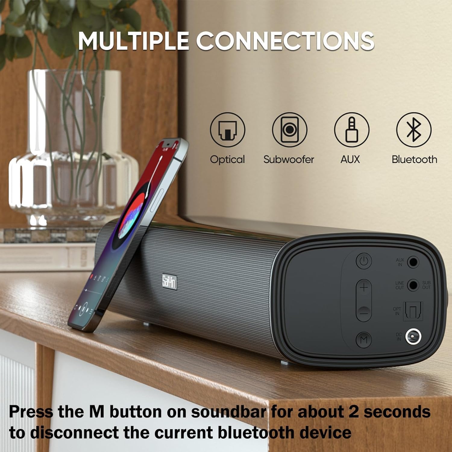TV Soundbar 40W Surround Sound Bluetooth Optical AUX 17in