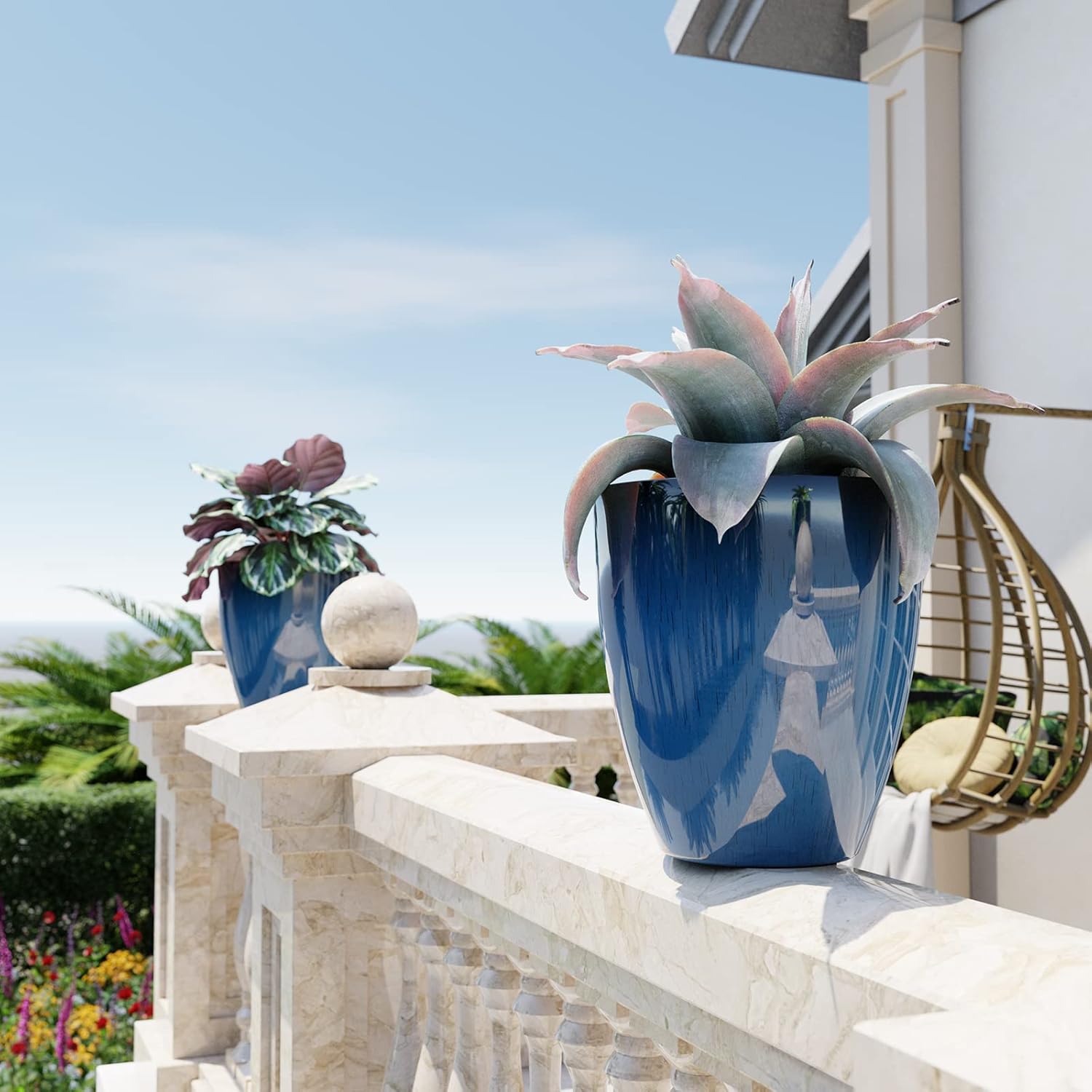 Set of 2 Blue Plant Pots 10 Inch Modern Planters Indoor Outdoor