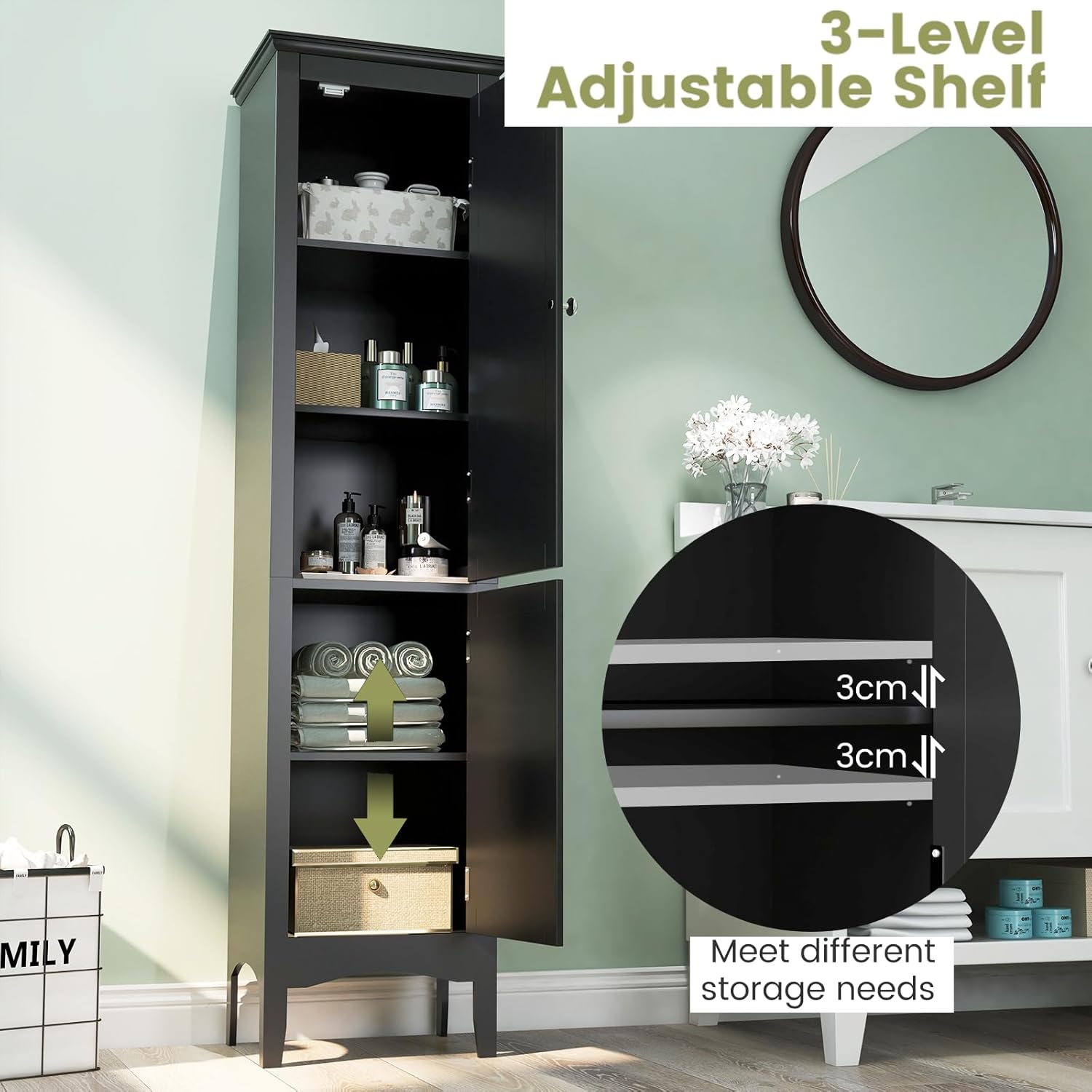 Tall Bathroom Storage Cabinet Black 2 Door Shelf Unit