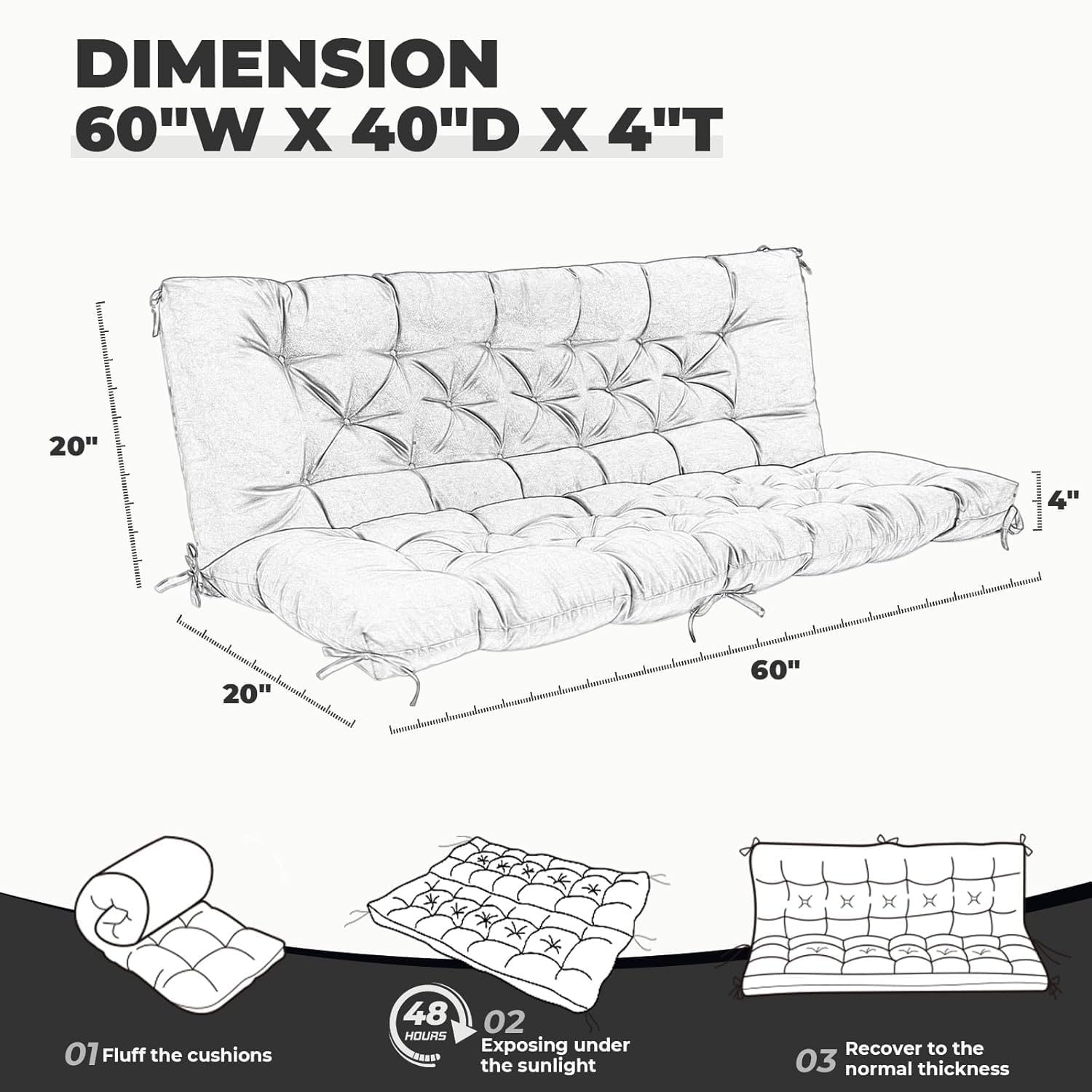 2 3 Seater Garden Bench Cushion Waterproof Black 150cm
