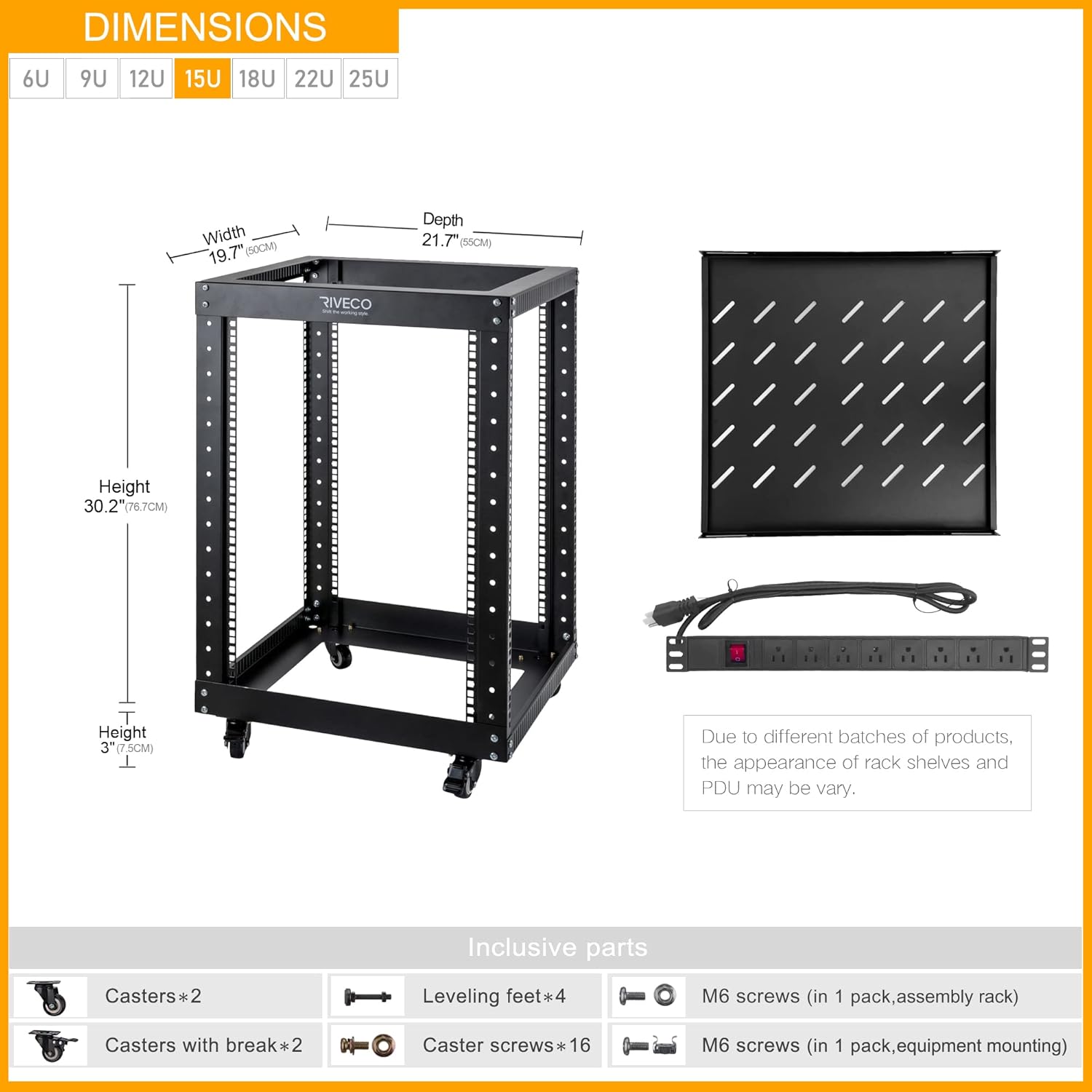 15U 19 Inch Open Frame Server Rack with Wheels Shelf PDU