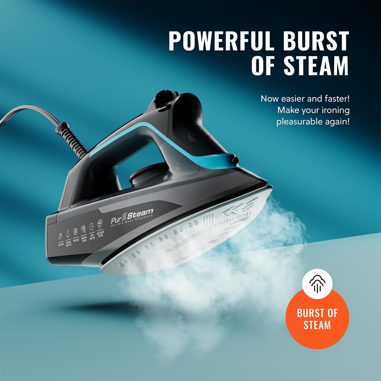 Powerful Steam Iron Ceramic Soleplate Burst Steam Self Clean Anti Drip