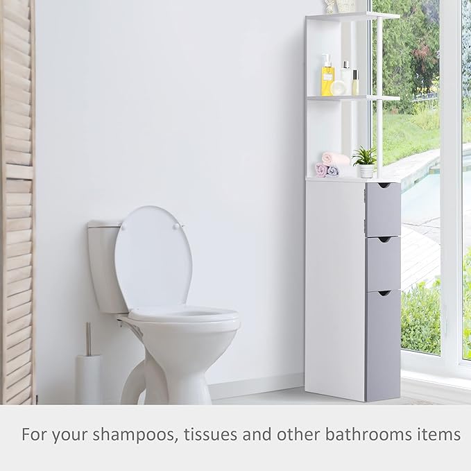 Slim Tall Bathroom Storage Cabinet 2 Drawers Shelves White Grey