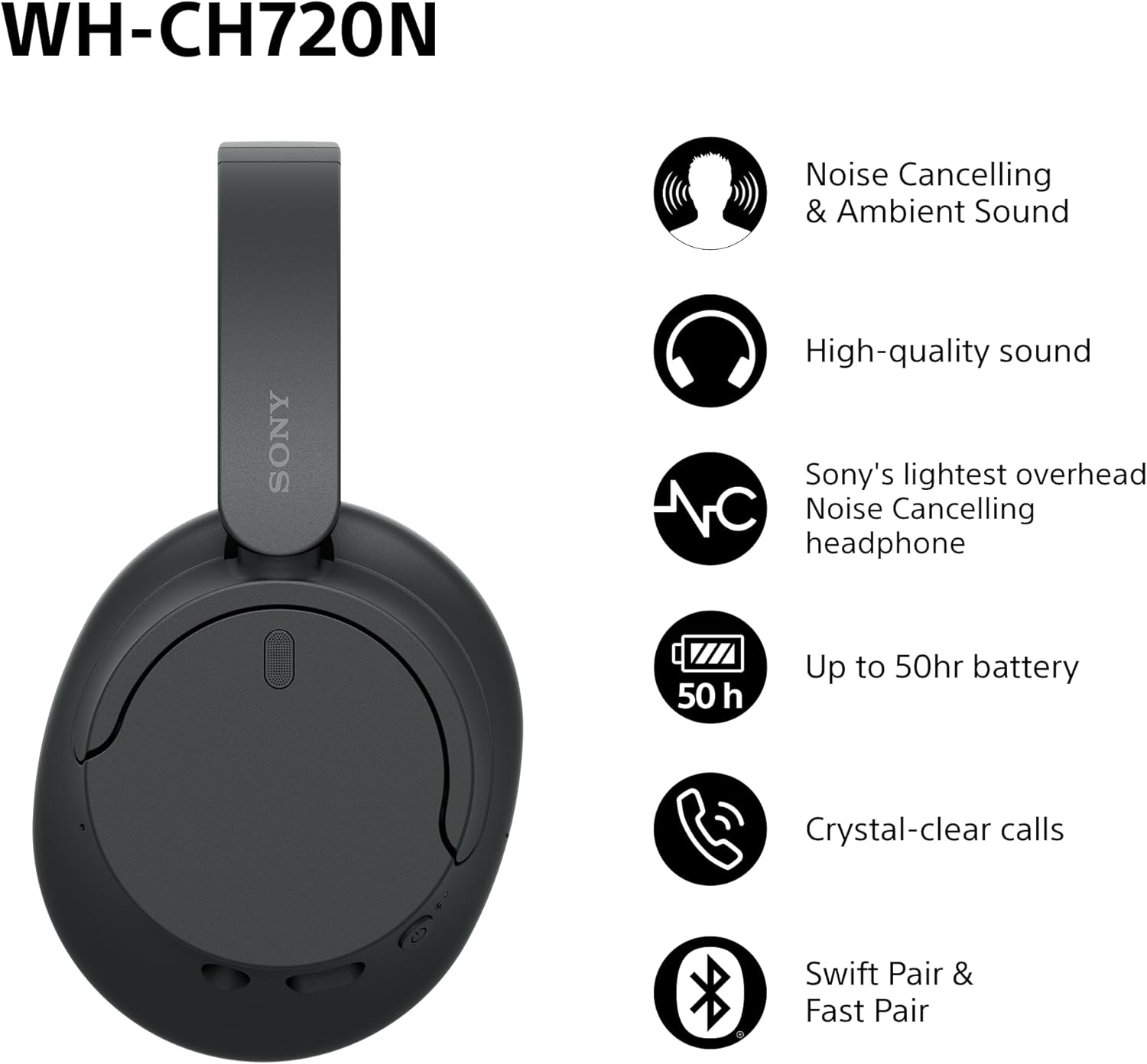 Wireless Bluetooth Noise Cancelling Over Ear Headphones 35Hr Battery Black