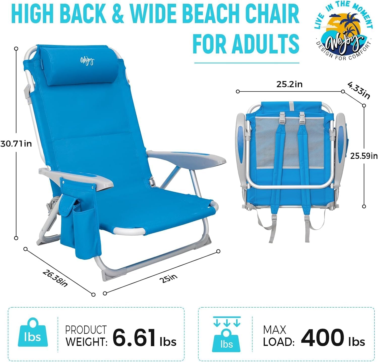 2 Pack Blue Adjustable Beach Chairs Folding Reclining Camping Seats