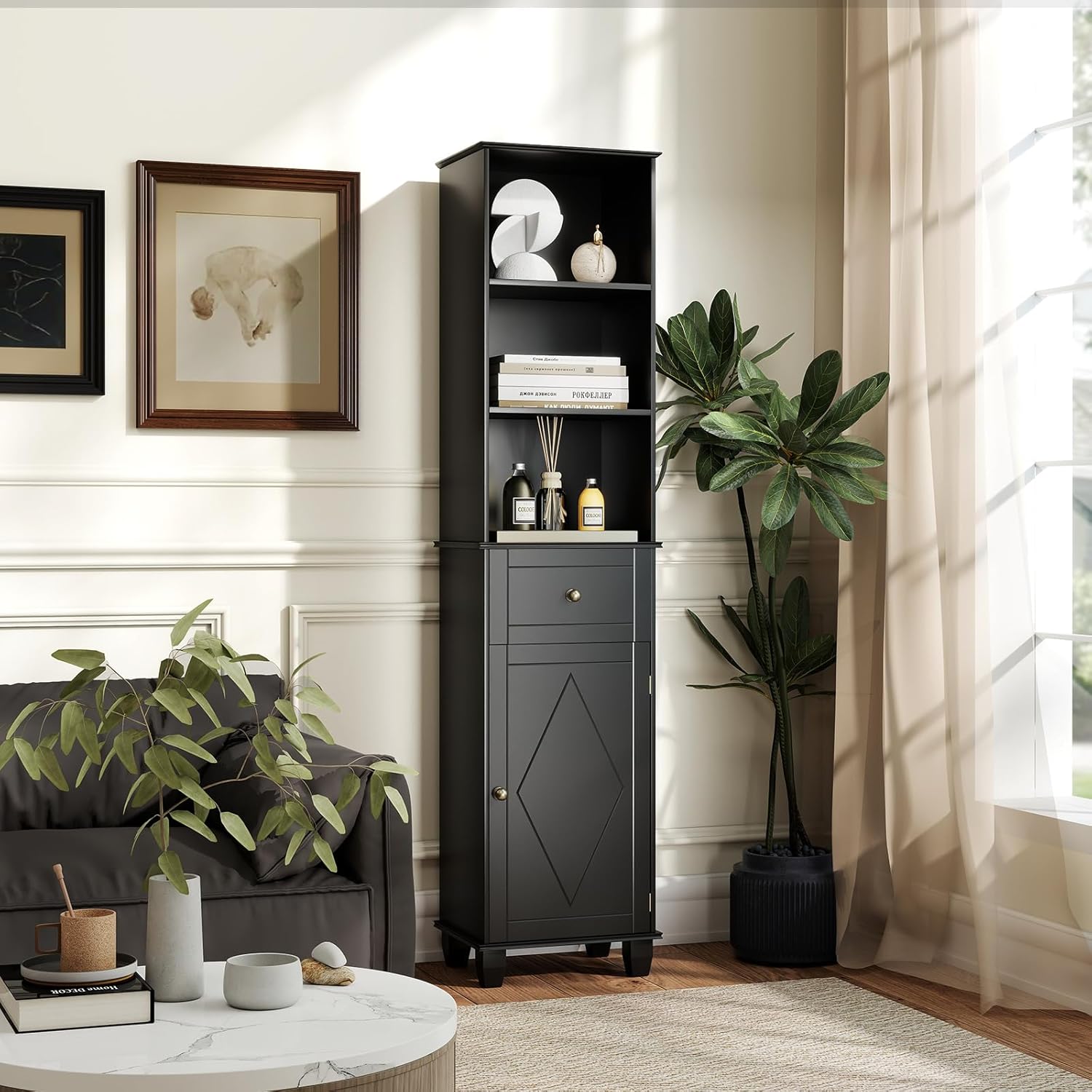 Tall Slim Storage Cabinet Black Drawer Shelves Door Unit