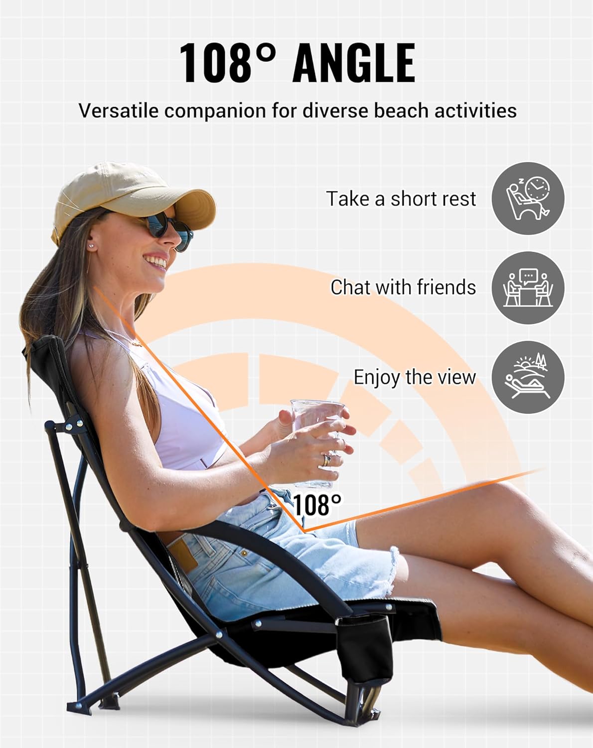 2 Pack Black Low Folding Beach Chairs Heavy Duty Seats