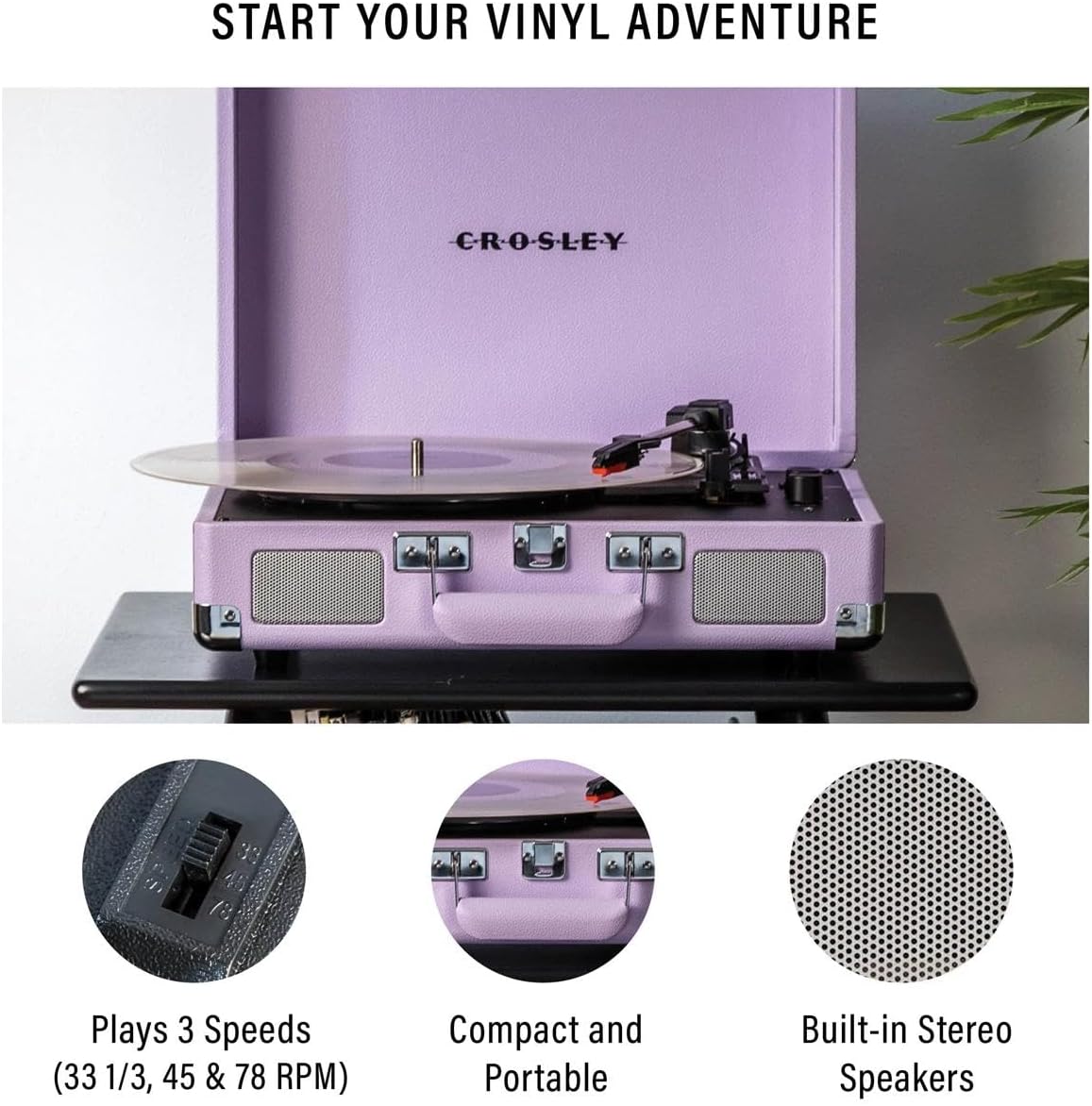 Portable Bluetooth Record Player 3 Speed Suitcase Lavender