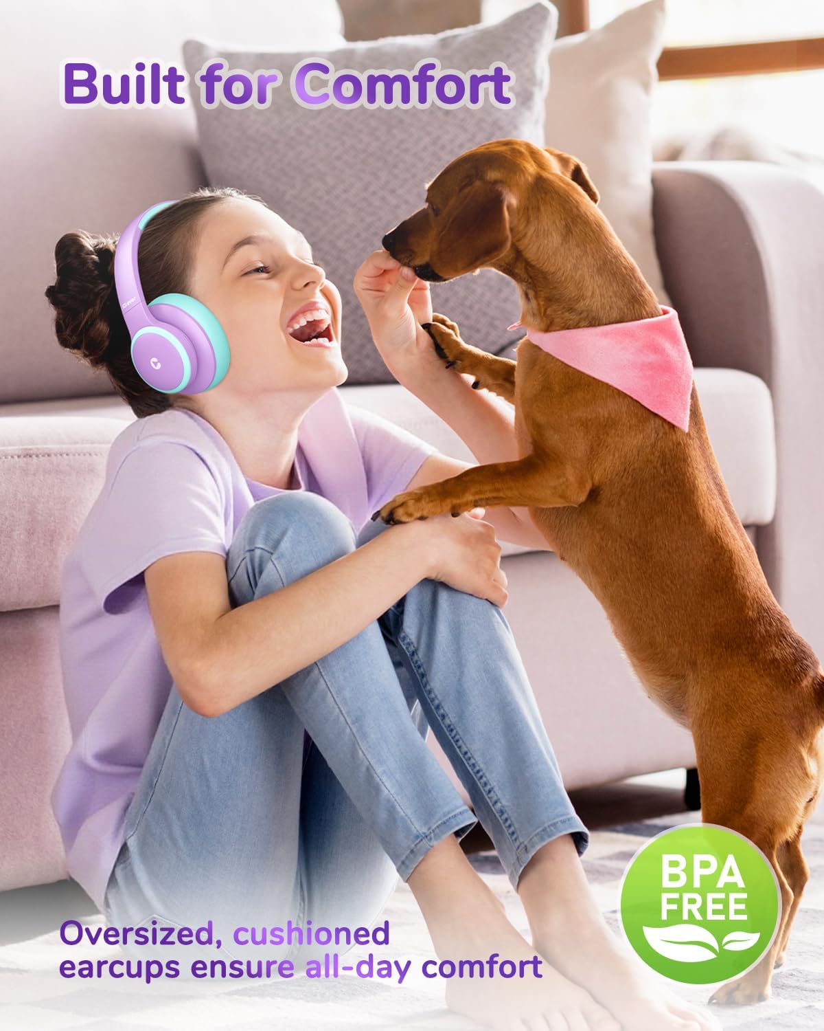 Kids Bluetooth ANC Headphones Safe Volume 60 Hour Battery Purple