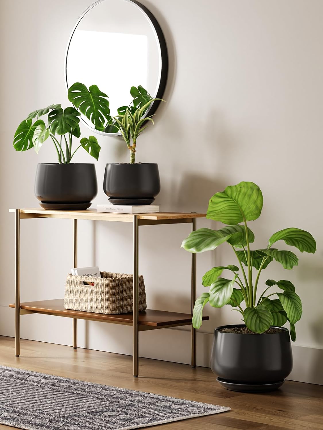 25cm Ceramic Plant Pot Black Modern Planter with Drainage Saucer
