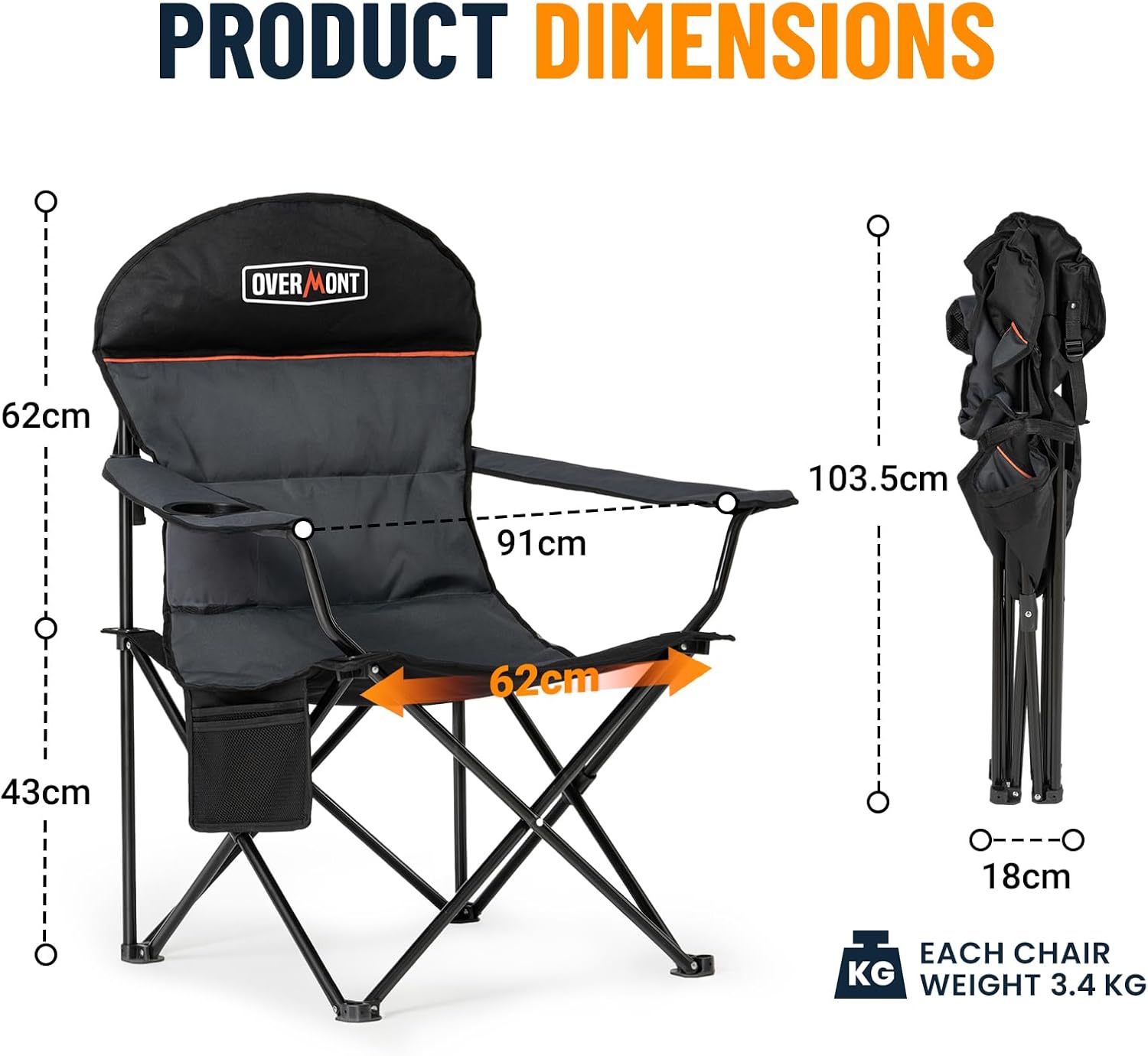Oversized Camping Chair 150kg Lightweight Grey Folding