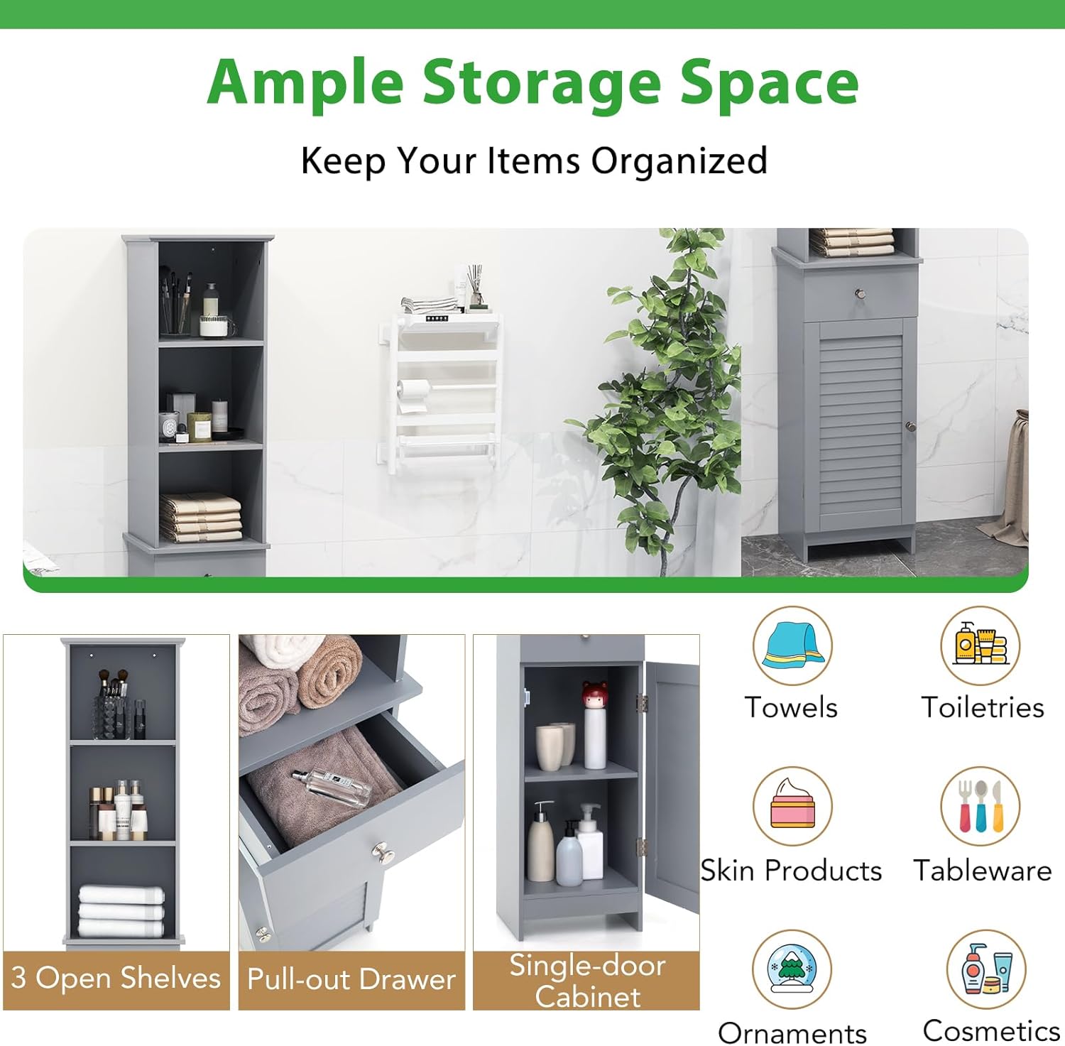 Slim Bathroom Tall Cabinet Drawer Shelf Cupboard Grey