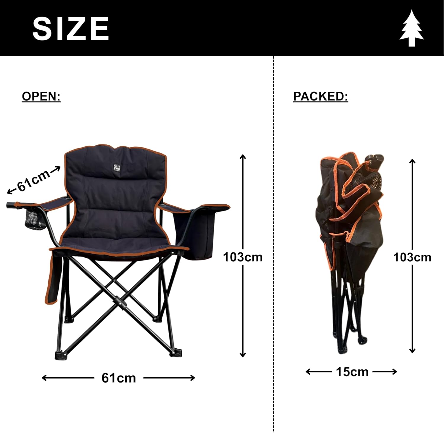 Padded Folding Camping Chair with Cooler Black Orange