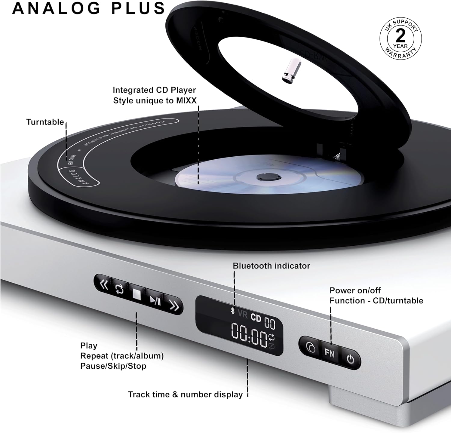 Automatic Vinyl Turntable CD Player Combo with Bluetooth White