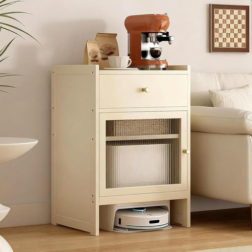 Robot Vacuum Storage Cabinet Bamboo Side Table Glass Door Drawer