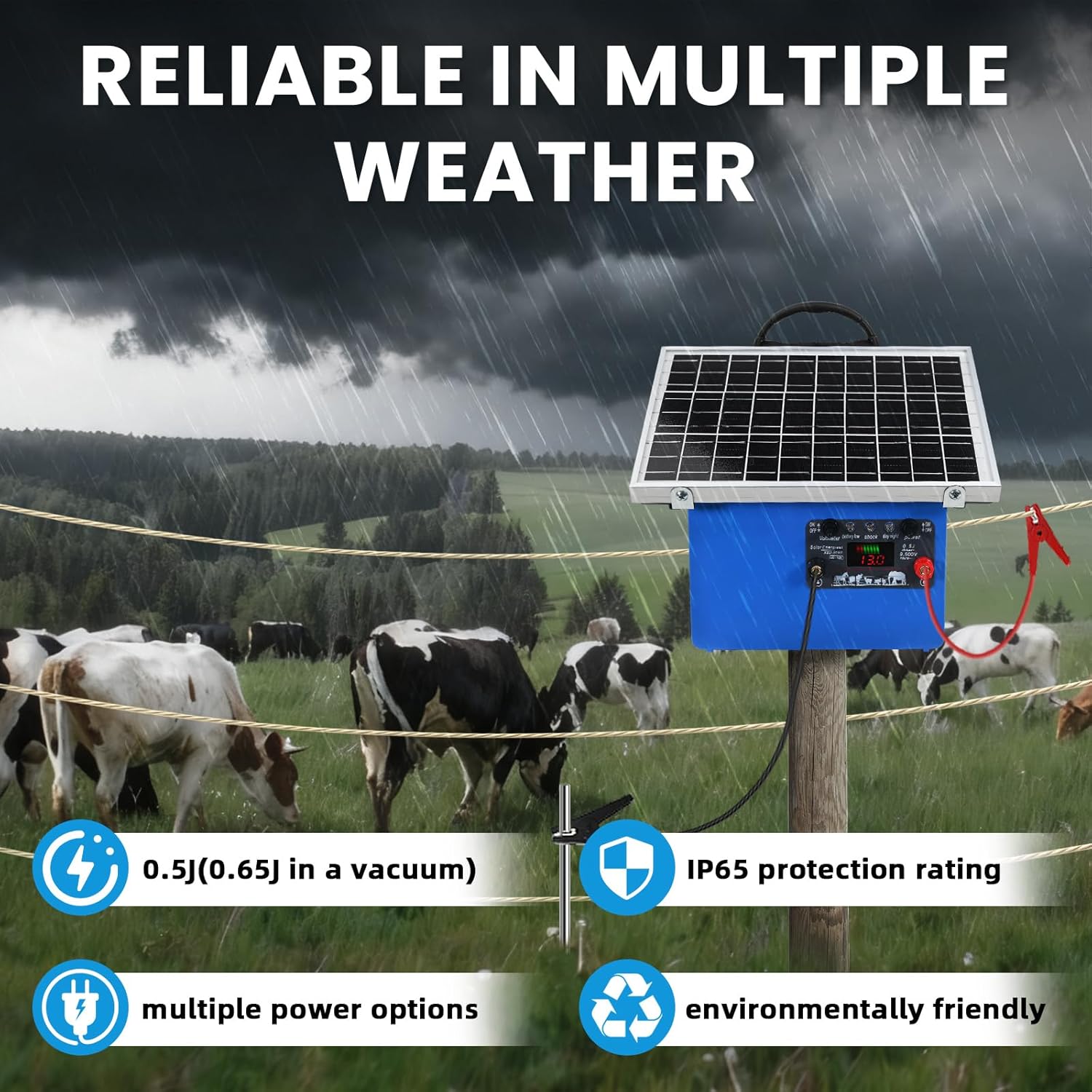 30KM Solar Electric Fence Charger 0.5J Portable Energizer Kit