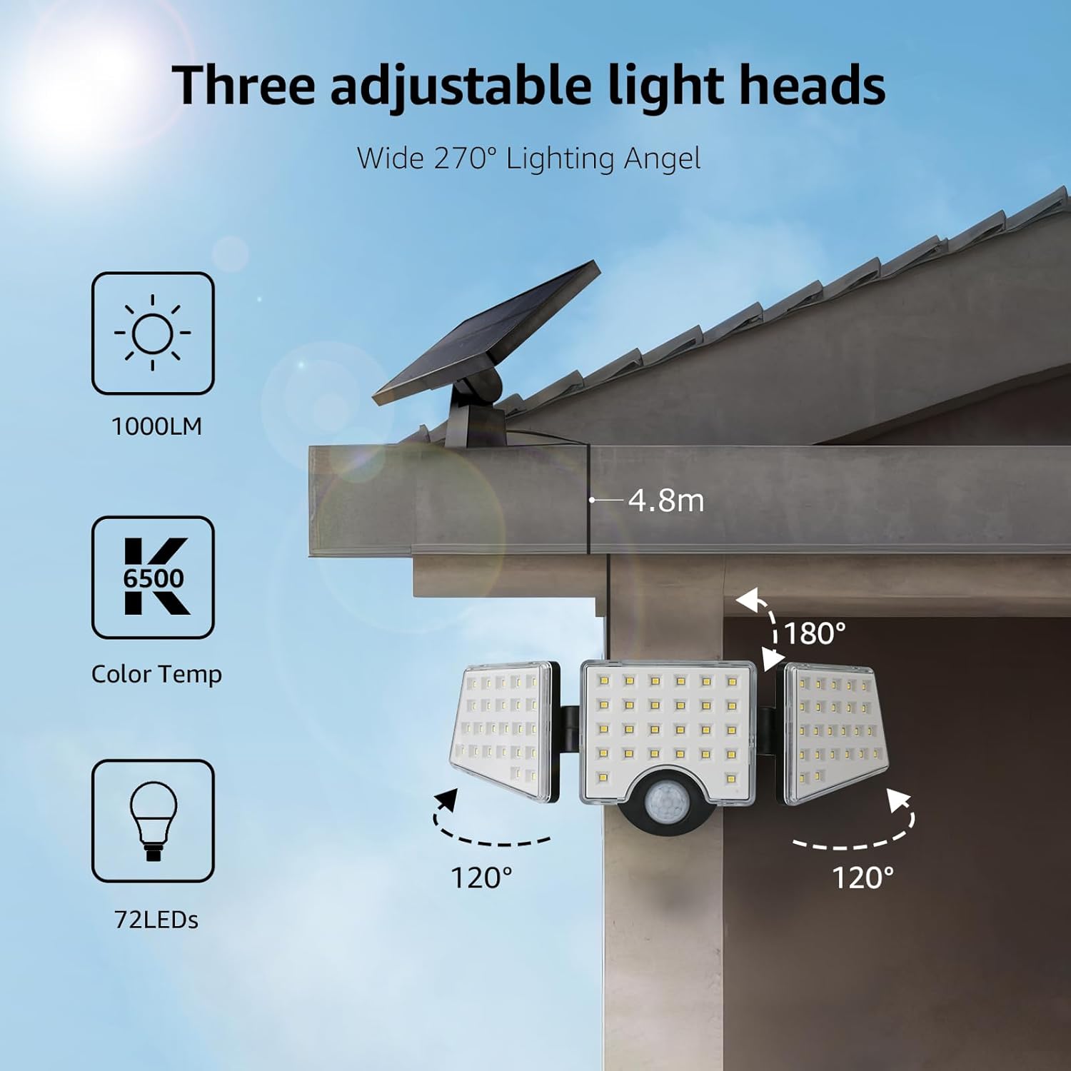 Solar Security Lights Outdoor Motion Sensor 1200LM 3 Head