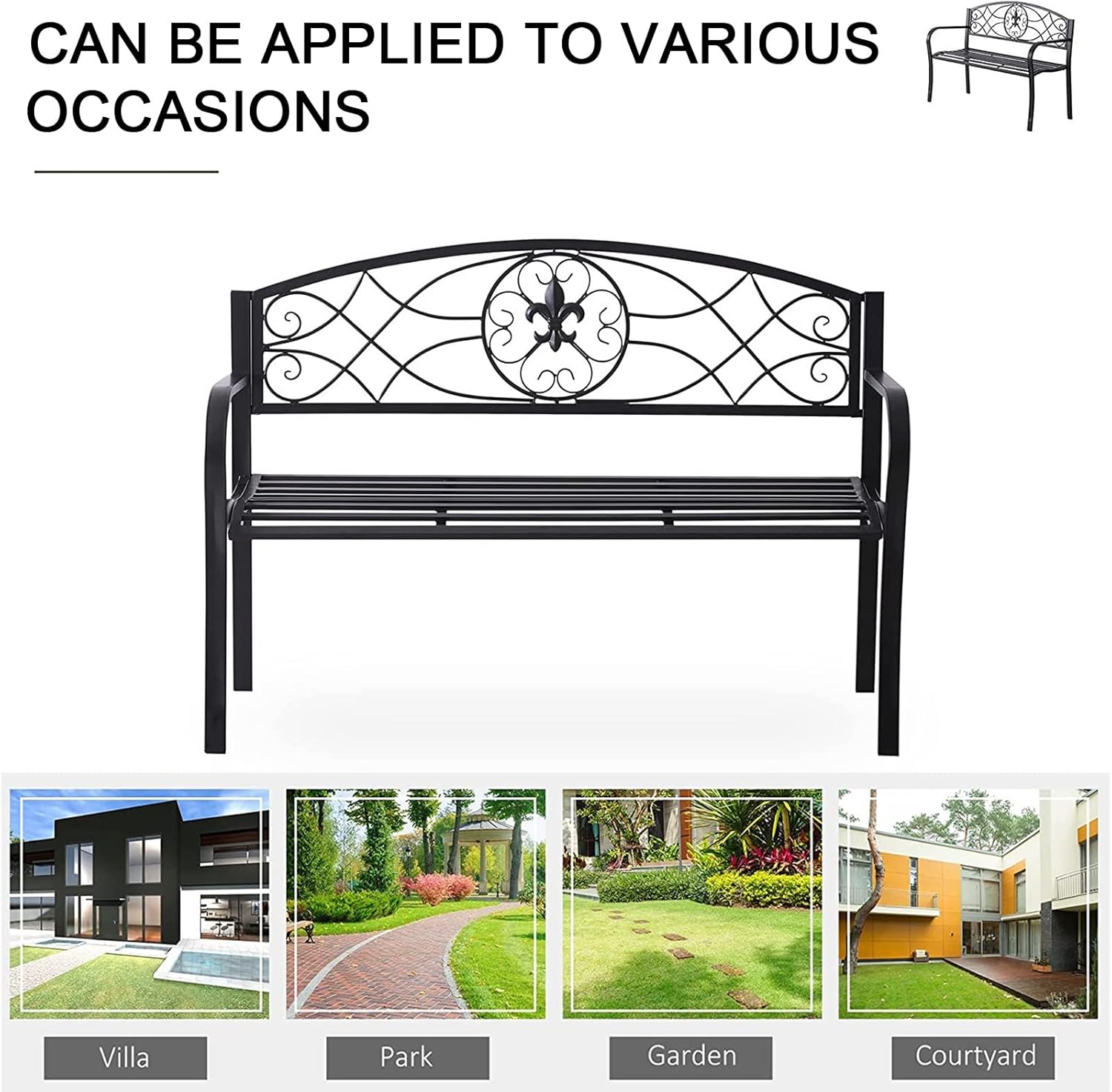Outdoor Garden Bench 3 Seater Metal Patio Park Bench Ergonomic Seat