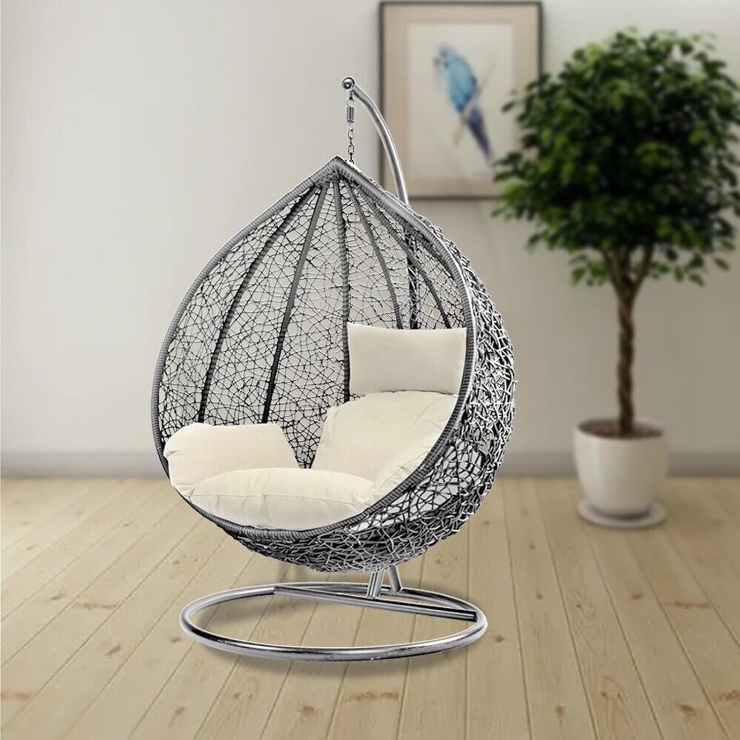 Rattan Hanging Egg Chair with Stand Cushion Grey White