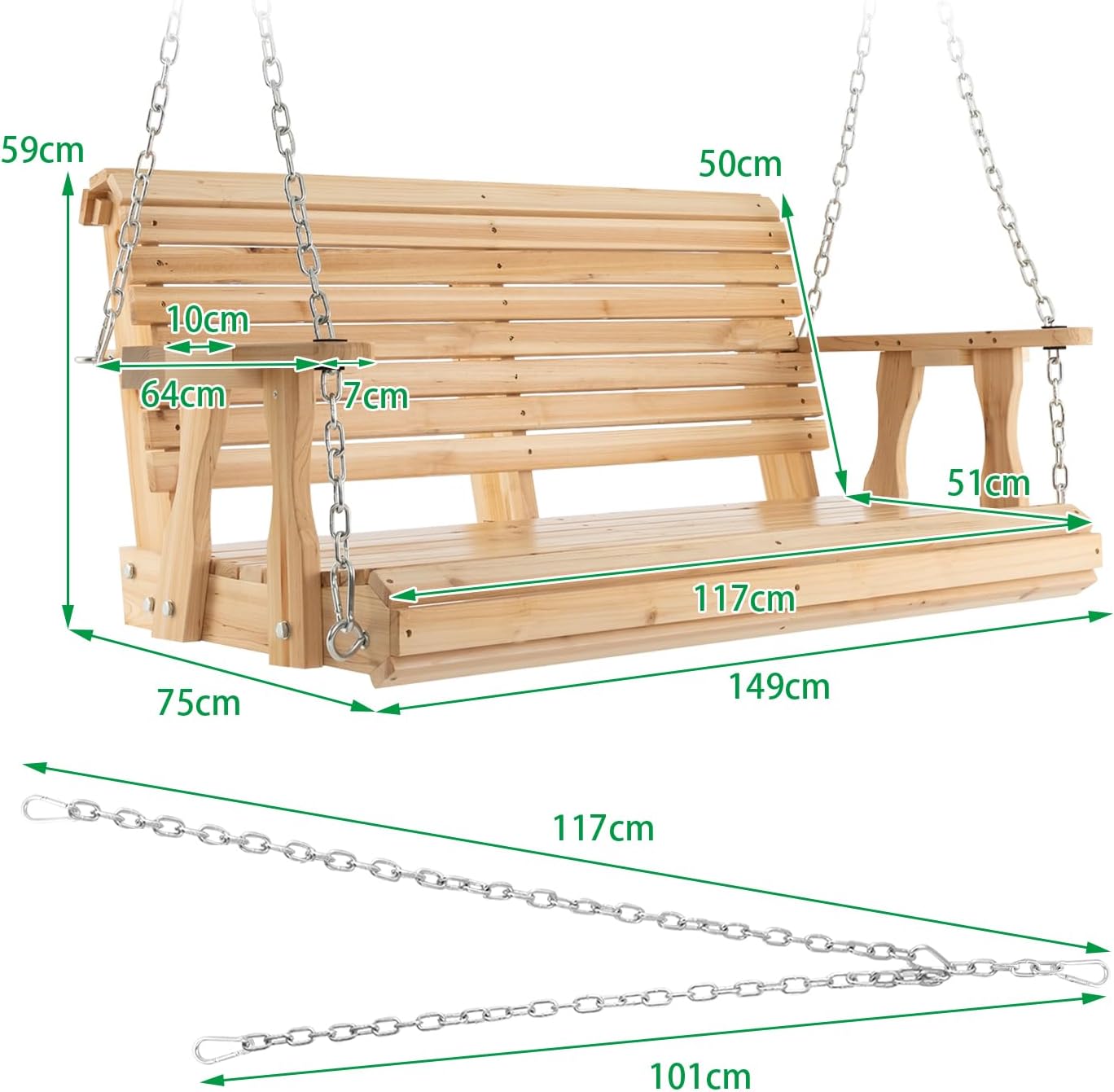 2 Seater Wooden Garden Swing Bench Cup Holders Natural