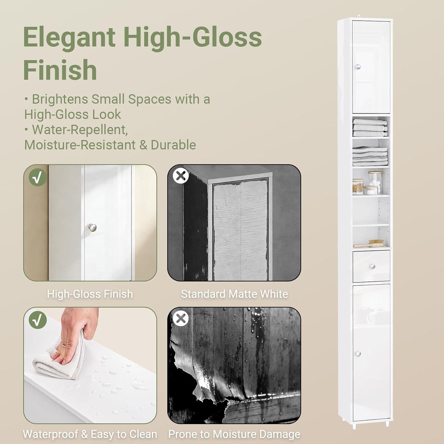 Slim Tall Bathroom Cabinet High Gloss White Drawer 180cm