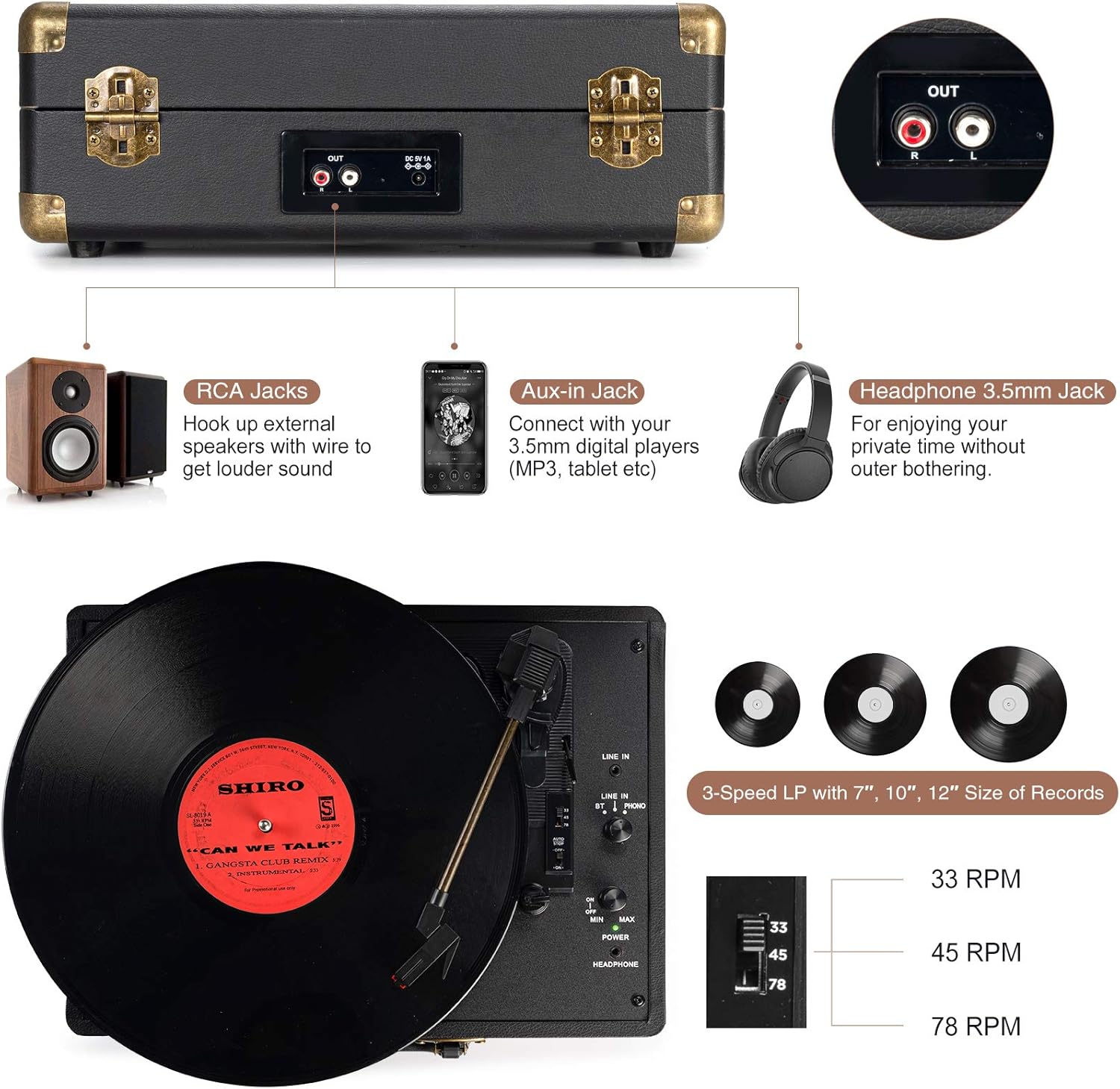 Portable 3-Speed Vinyl Record Player Bluetooth Suitcase Turntable
