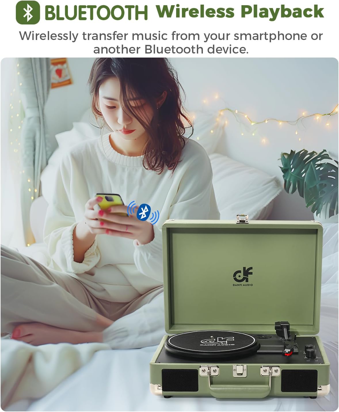 Portable Suitcase Record Player 3 Speed Sage Green