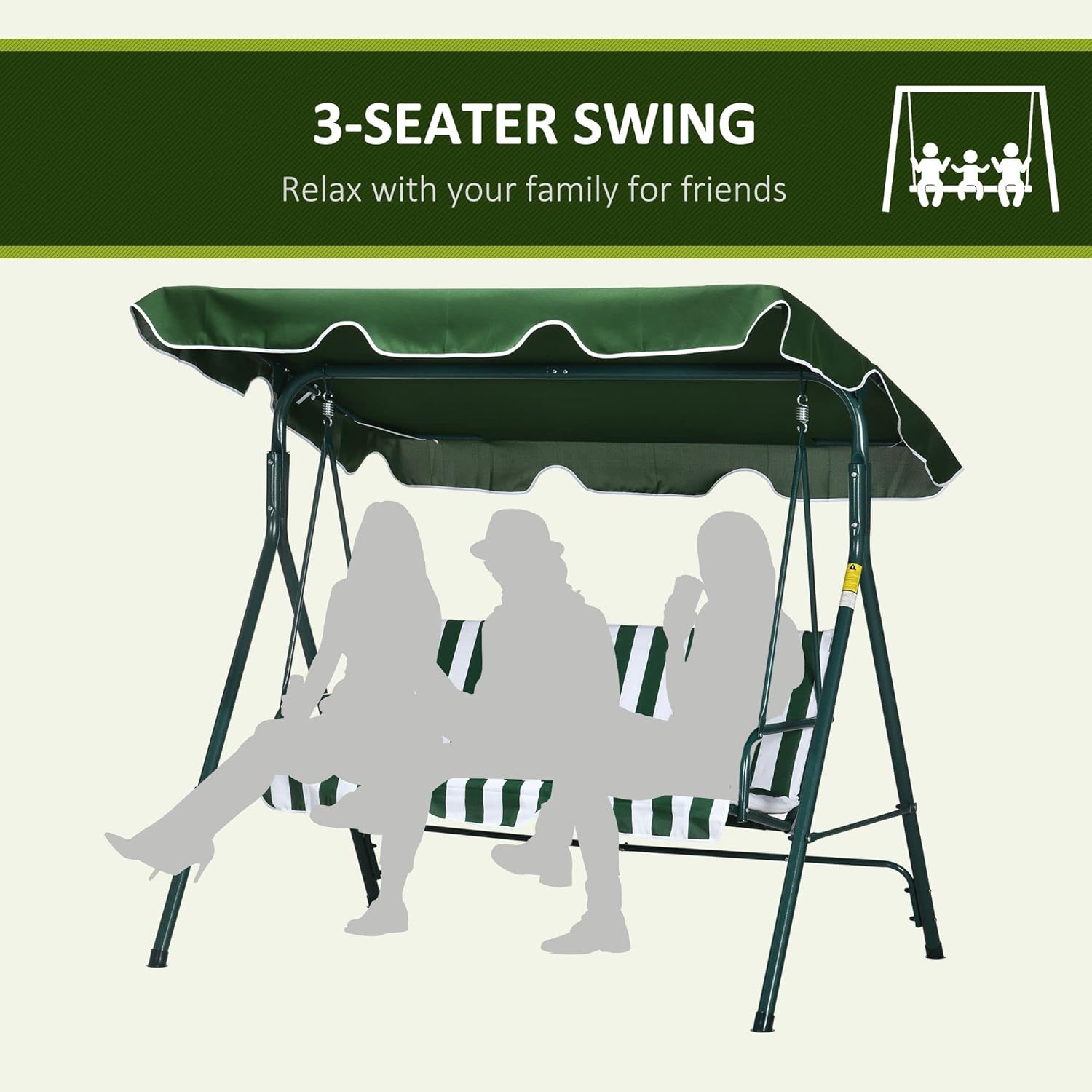 3 Seater Garden Swing Chair with Canopy Cushion Green